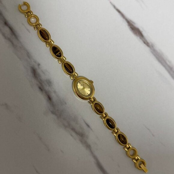 American Vintage Accessories - SKU:0478 Retro gold oval watch bracelet brown natural stones‎ Stainless steel